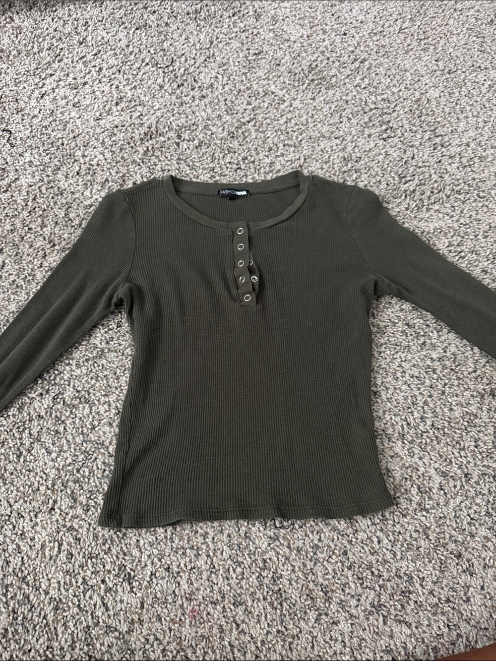 Fashion Nova Olive Green Ribbed Henley Long Sleeve Top